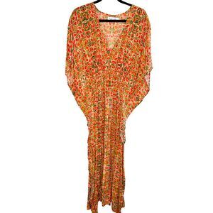 Rujuta Sheth Marie Kaftan Dress M/L Orange Peony Boho Cinched Maxi $198